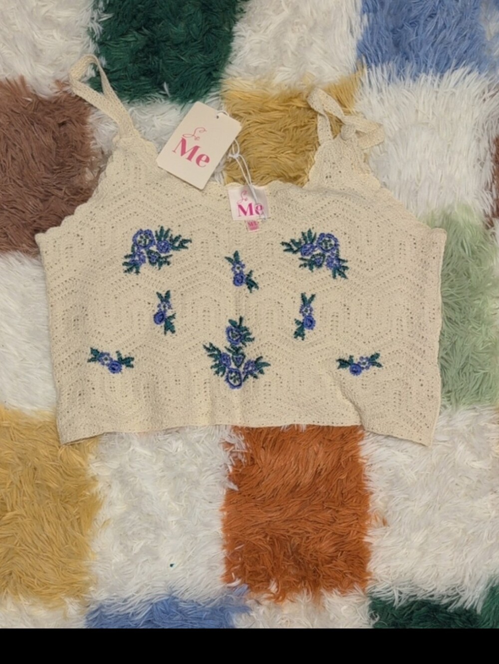 ME Makeover Essentials Cream Crochet Crop Top with Blue Floral Embroidery - Picture 6 of 8